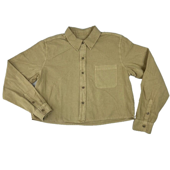 Universal Thread Shirt Women Tan Long Sleeve Collared Cropped Cotton Linen Blend - Picture 2 of 8
